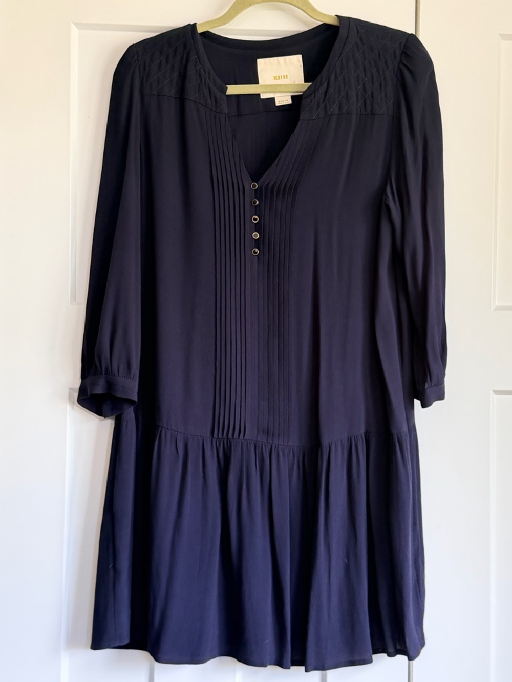 Anthropologie Maeve Galina Pintuck Quilted Drop Waist Dress in Navy - Size M